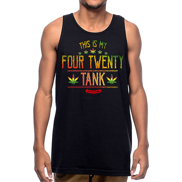 StonerDays 'This Is My Four Twenty Tank' in black, front view on model, available in multiple sizes
