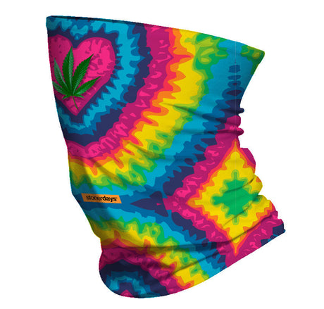 StonerDays vibrant tie-dye heart neck gaiter with cannabis leaf design, made of polyester.