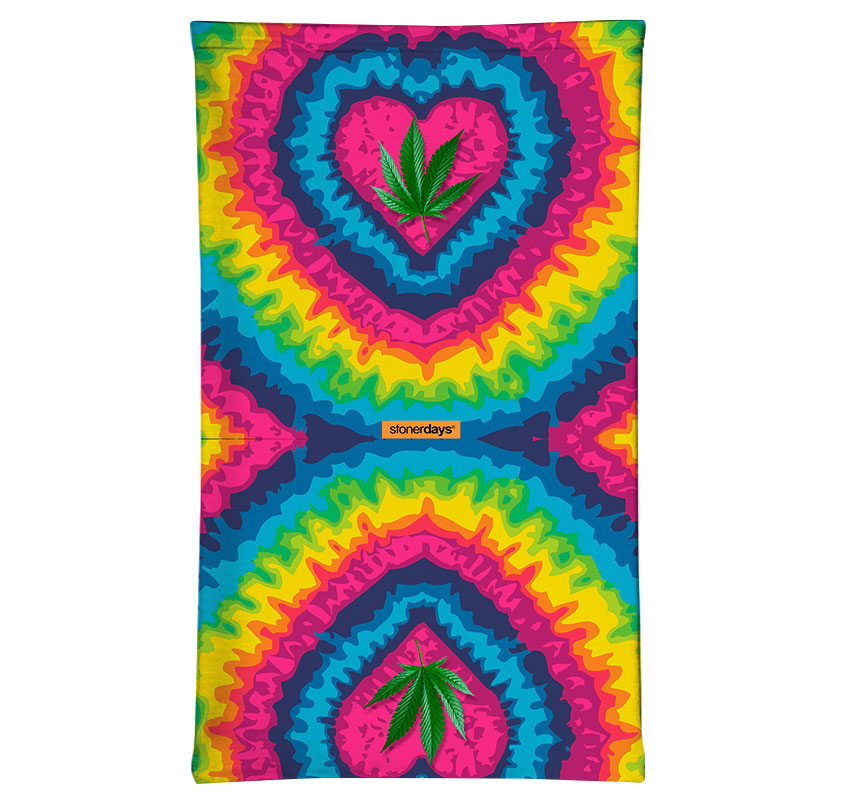 StonerDays Tie Dye Heart Neck Gaiter featuring vibrant colors and cannabis leaf design, made of polyester.