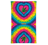 StonerDays Tie Dye Heart Neck Gaiter featuring vibrant colors and cannabis leaf design, made of polyester.