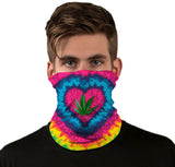 StonerDays Tie Dye Heart Neck Gaiter featuring a vibrant cannabis leaf design, front view on model