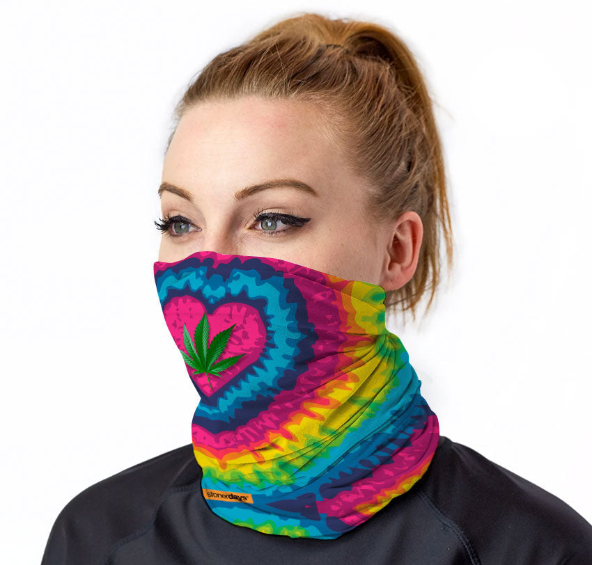 StonerDays Tie Dye Heart Neck Gaiter with vibrant colors, front view on model