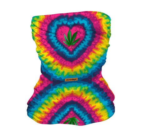 StonerDays Tie Dye Heart Neck Gaiter with vibrant colors and cannabis leaf design, front view