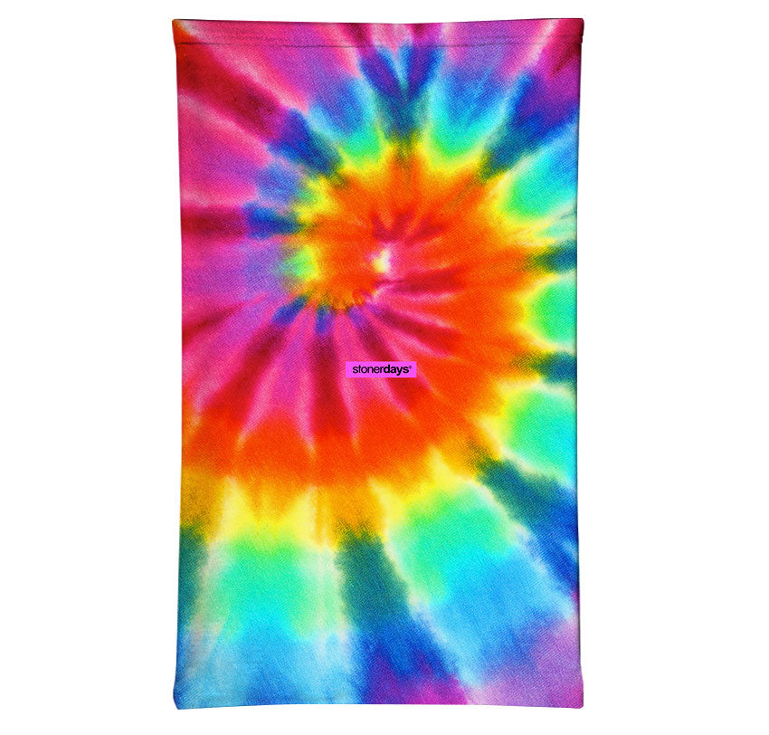 StonerDays Tie Dye Og Neck Gaiter with psychedelic colors, front view on seamless white background