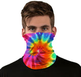 StonerDays Tie Dye OG Neck Gaiter in vibrant colors worn by model, front view