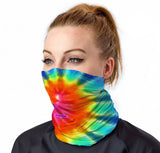 StonerDays Tie Dye OG Neck Gaiter in vibrant colors, front view on model, one size fits all