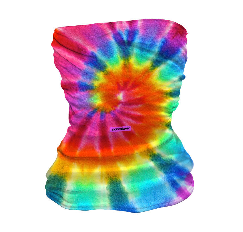 StonerDays Tie Dye Og Neck Gaiter in vibrant colors, front view on white background