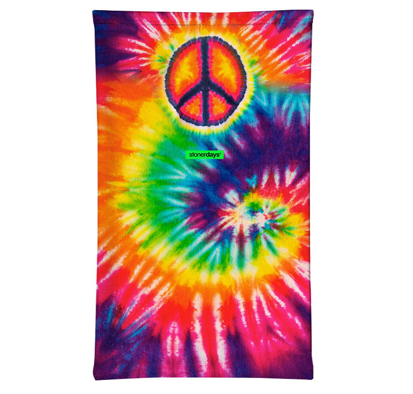 StonerDays Tie Dye Peace Face Gaiter featuring vibrant colors and peace sign, front view