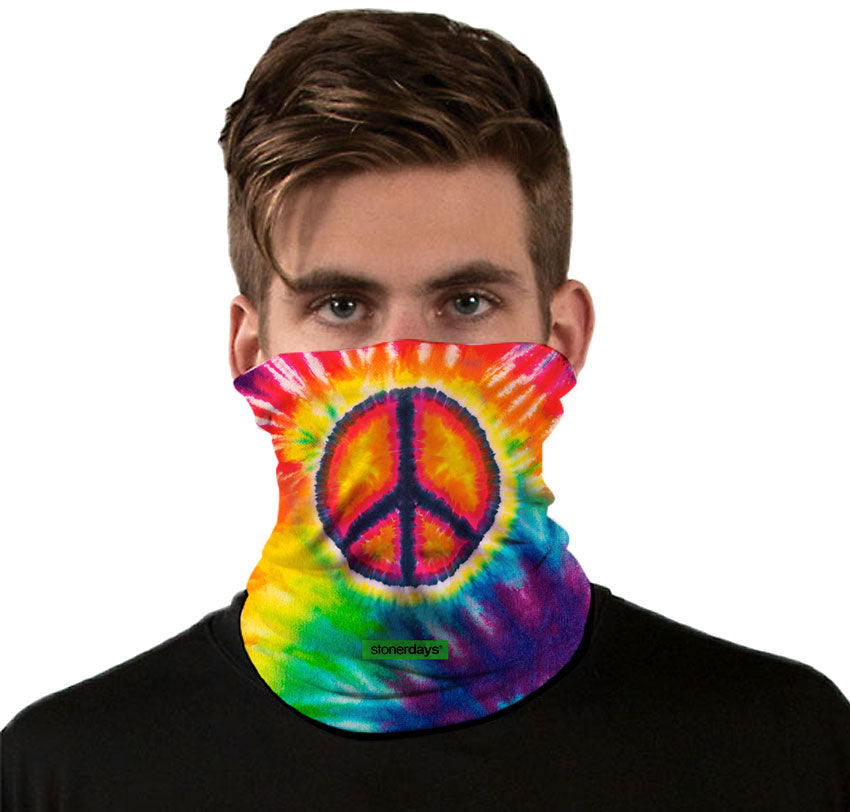 StonerDays Tie Dye Peace Face Gaiter with vibrant colors, front view on model