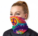 StonerDays Tie Dye Peace Face Gaiter featuring vibrant colors, front view on model