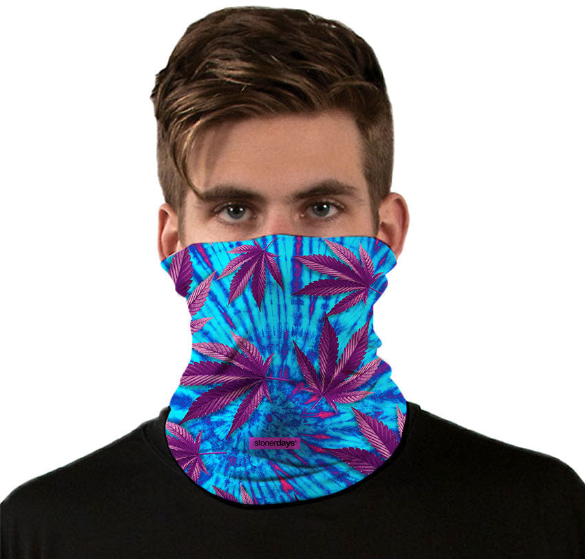 StonerDays Tie Dye Purp Gaiter featuring vibrant leaf patterns, front view on model