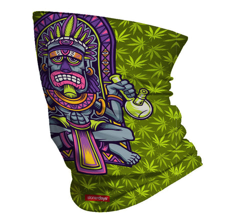 StonerDays Tiki Bongs Neck Gaiter featuring vibrant green cannabis leaves and tiki artwork
