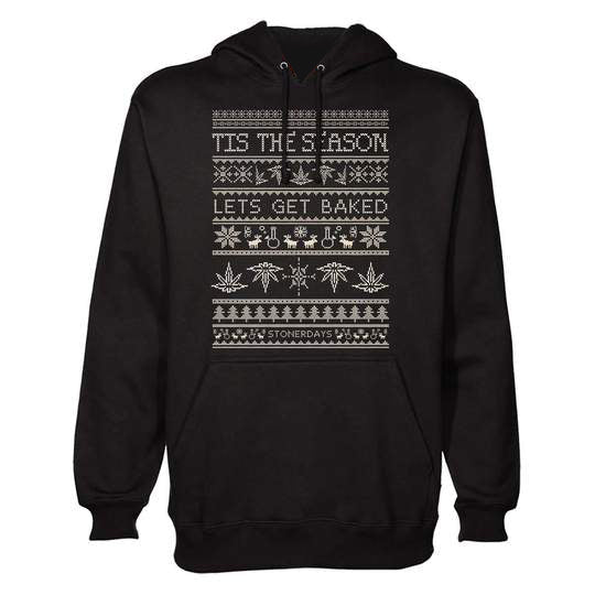 StonerDays 'Tis The Season Men's Hoodie with Ugly Sweater Design, Black, Front View