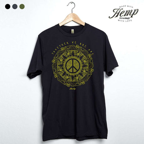 StonerDays Hemp Tee in Caviar Black with Psychedelic Yellow Peace Design, Front View