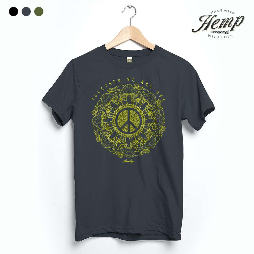 StonerDays Together We Are One Hemp Tee in Smoke Grey with Psychedelic Yellow Print, Front View