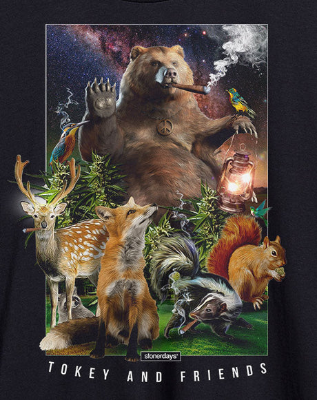 StonerDays Tokey & Friends Men's T-Shirt featuring whimsical animal graphics, size small, front view.