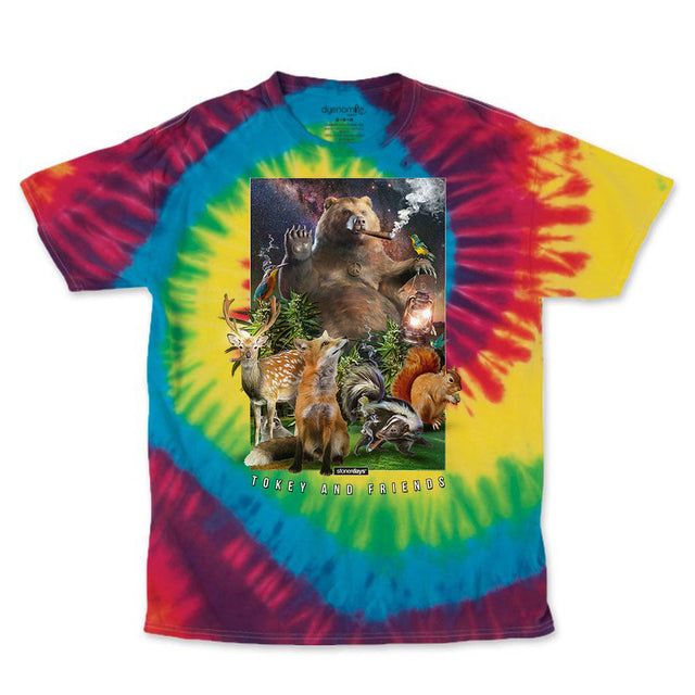 StonerDays Tokey & Friends Rainbow Tie Dye Tee, vibrant colors, front view on white background