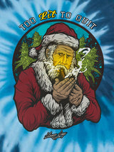 StonerDays Too Lit To Quit T-Shirt in Blue Tie Dye with Santa Graphic, Front View