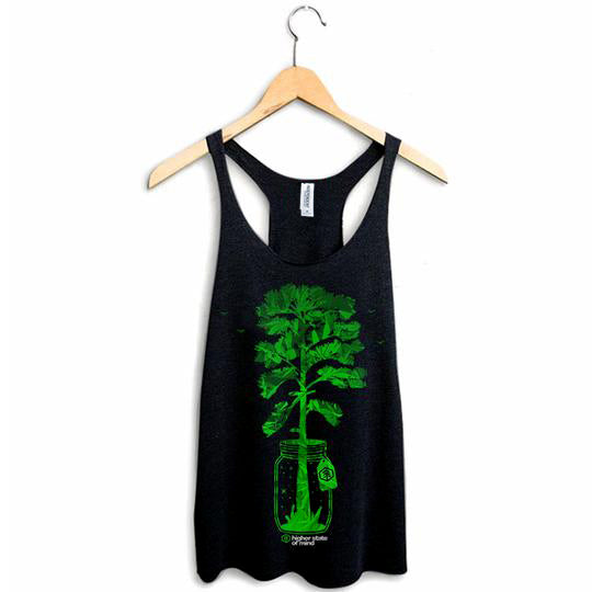 StonerDays Tree In A Jar Racerback tank top, black with green print, sizes S-XXL, front view