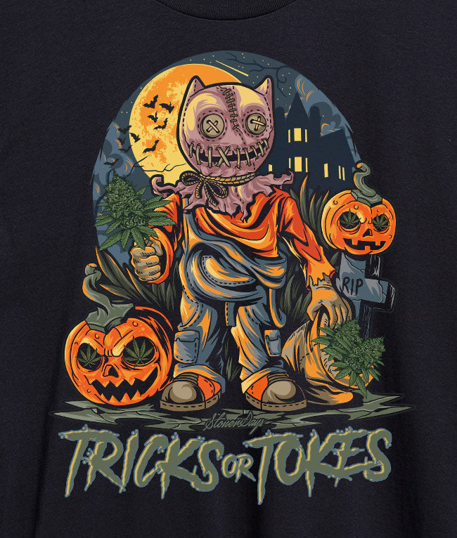 StonerDays Trick Or Tokes Racerback tank top with Halloween-themed graphic, cotton blend