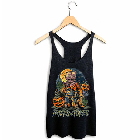 StonerDays Trick Or Tokes Racerback tank top with Halloween design, front view on hanger