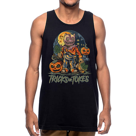 StonerDays Trick Or Tokes Men's Tank Top in Black, Front View on Model, Size XL
