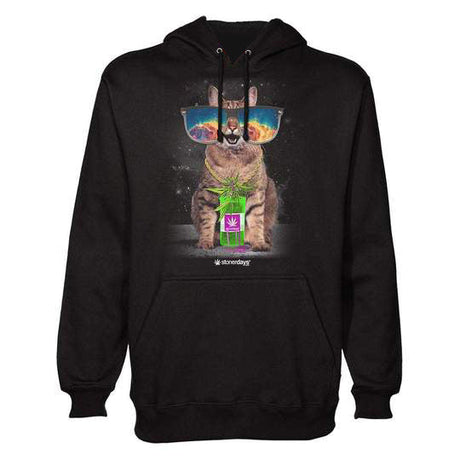 StonerDays Trippy Kitty Hoodie in black, front view with psychedelic cat graphic, cotton blend