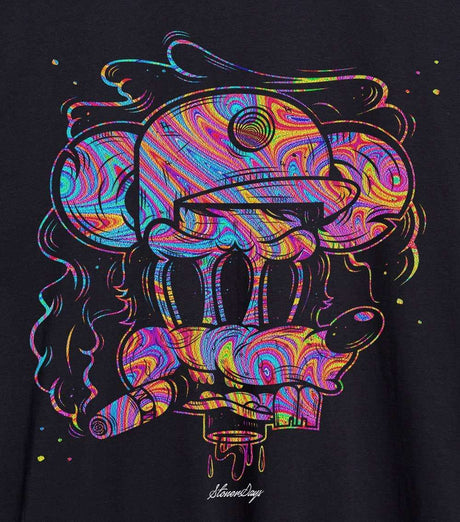 StonerDays Trippy Mouse Hoodie close-up showing vibrant psychedelic design on black cotton blend