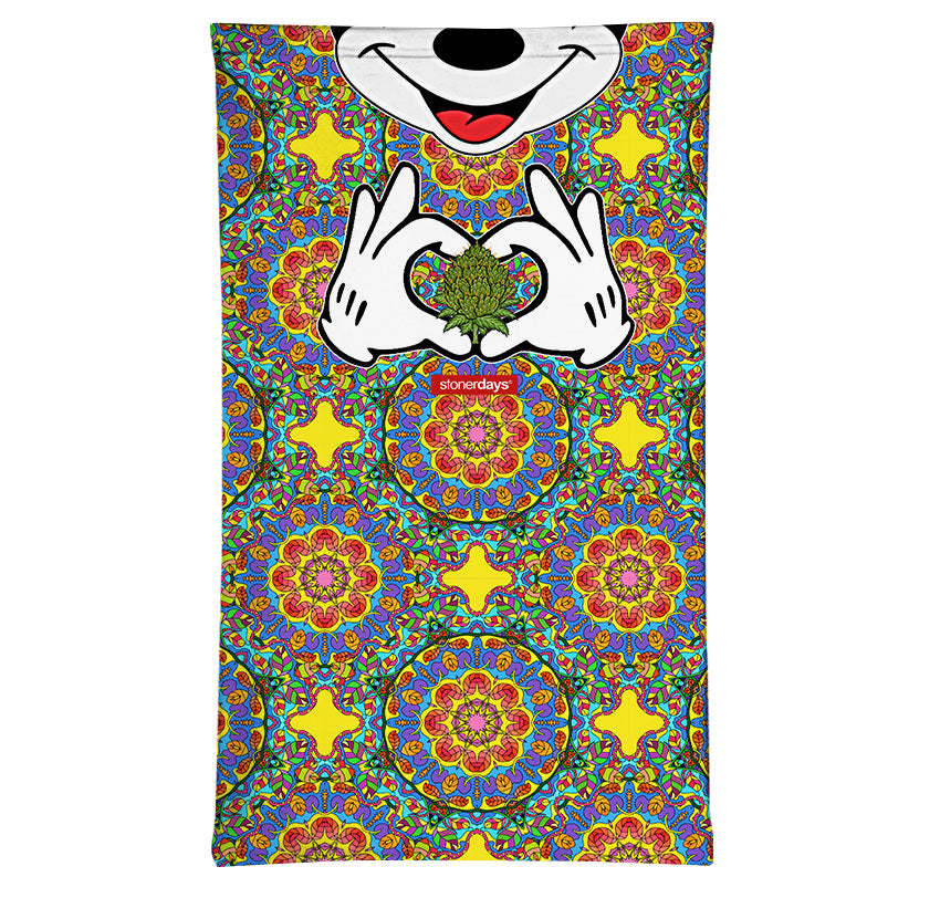 StonerDays Trippy Mouse Neck Gaiter with vibrant psychedelic pattern, front view