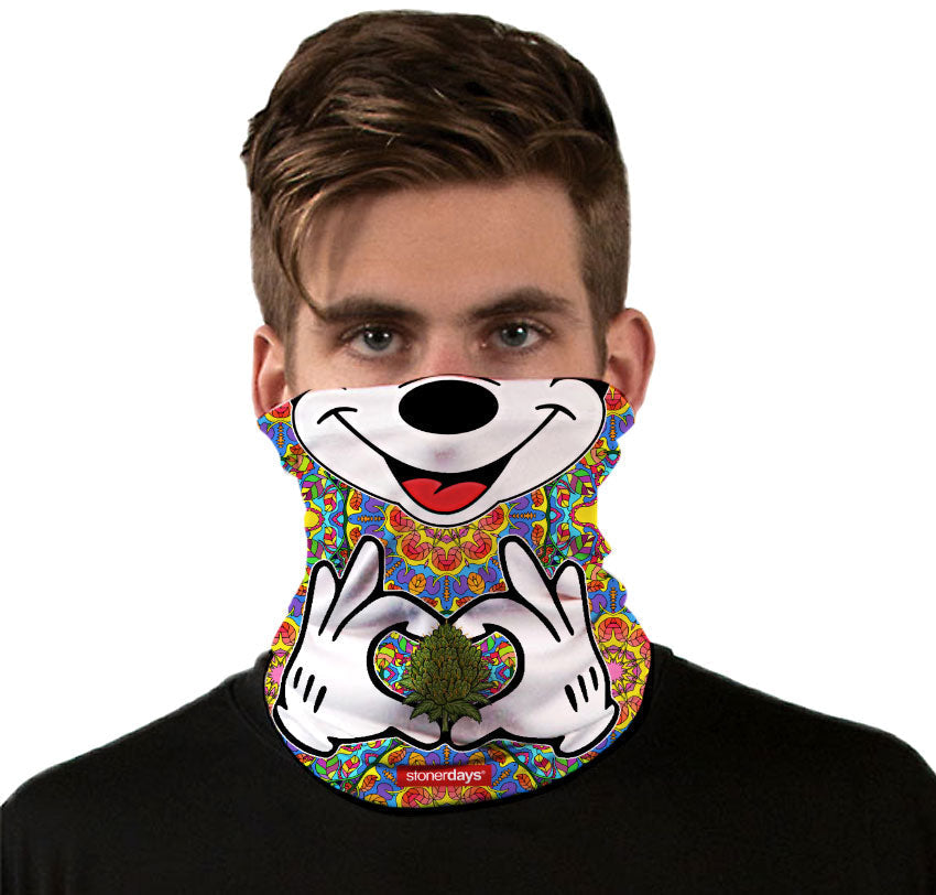 StonerDays Trippy Mouse Neck Gaiter featuring vibrant psychedelic design, front view on model