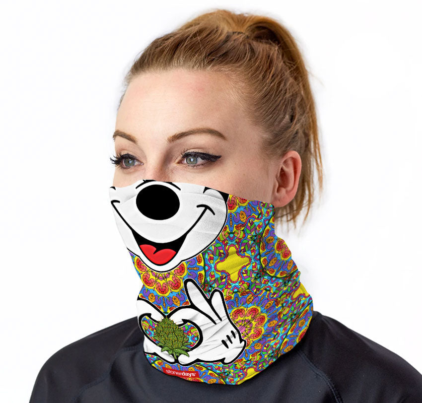 StonerDays Trippy Mouse Neck Gaiter featuring vibrant psychedelic print, front view on model