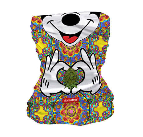 StonerDays Trippy Mouse Neck Gaiter with colorful psychedelic pattern, front view on white background