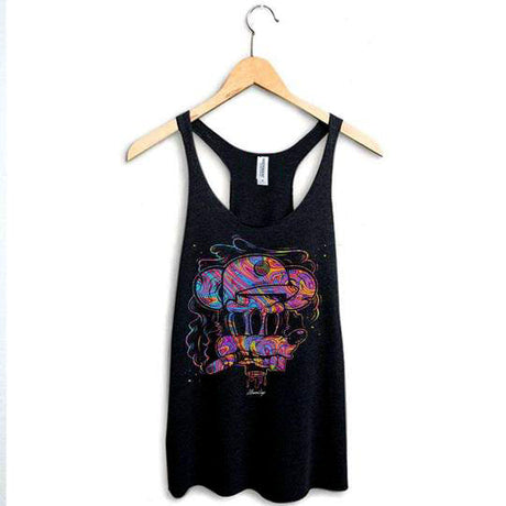 StonerDays Trippy Mouse Racerback tank top for women, black with vibrant print, hanging front view
