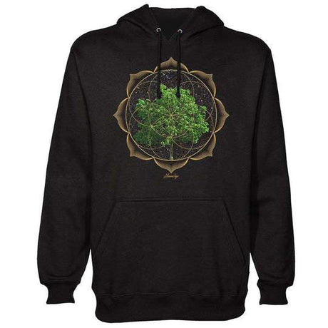 StonerDays Trippy Trees Hoodie in black with psychedelic tree design, front view on white background
