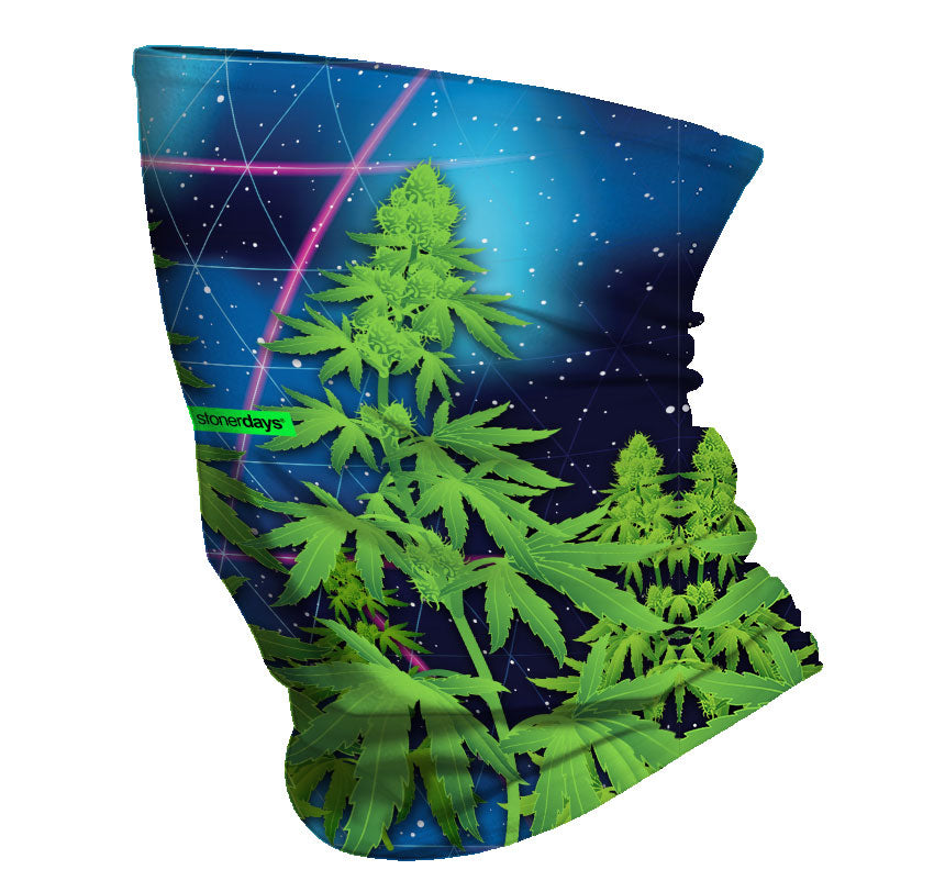 StonerDays Trippy Trees In Space Neck Gaiter featuring cosmic background and cannabis leaves