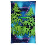 StonerDays Trippy Trees In Space Neck Gaiter featuring cosmic background with vibrant cannabis leaves.