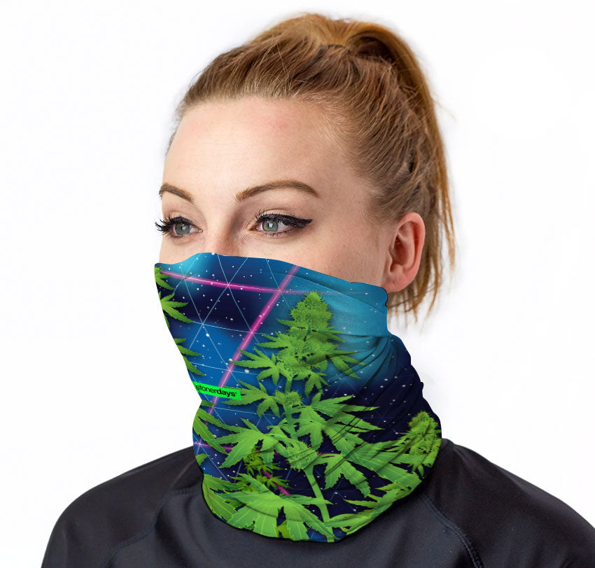 StonerDays Trippy Trees In Space Neck Gaiter featuring cosmic design, front view on model