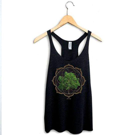 StonerDays Trippy Trees Racerback tank top in black, with tree graphic, hanging on wooden hanger