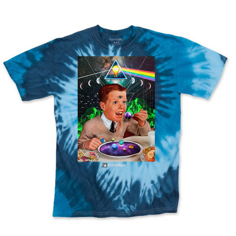 StonerDays Trips Are For Kids Tee in Blue Tie Dye with Cosmic Graphics, Front View