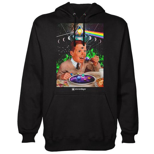 StonerDays Trips Are For Kids Hoodie in black with psychedelic print, front view on white background