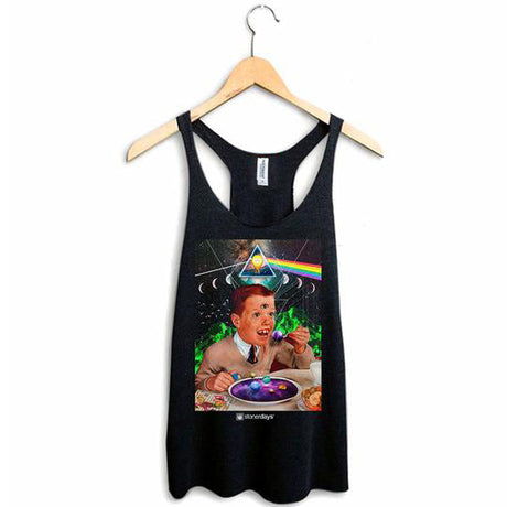 StonerDays Trips Are For Kids Racerback tank top, black cotton blend, front view on hanger