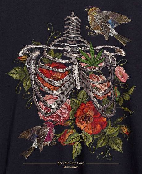 StonerDays True Love Hoodie with detailed ribcage and floral design, front view on black