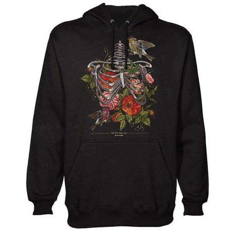 StonerDays True Love Hoodie with graphic ribcage and floral design, black cotton blend