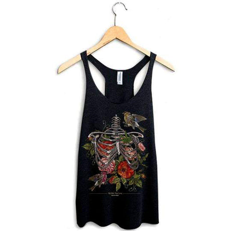 StonerDays True Love Racerback tank top, black with floral ribcage print, hanging on wooden hanger