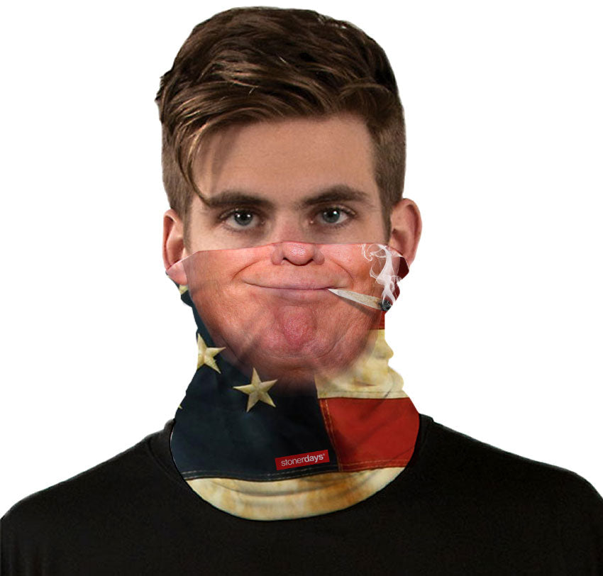 StonerDays Trump 2020 themed neck gaiter with USA flag colors, front view on model