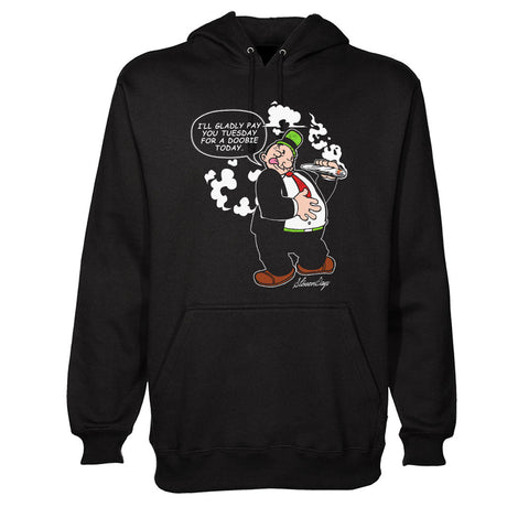 StonerDays Tuesday Hoodie in black with cartoon graphic, front view, available in sizes S to XXXL