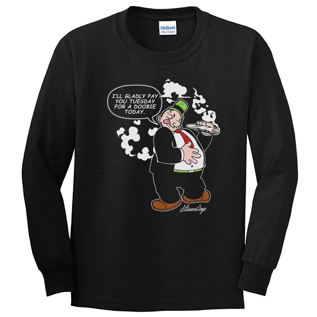 StonerDays Tuesday Men's Long Sleeve with Cartoon Design, Front View on Seamless White