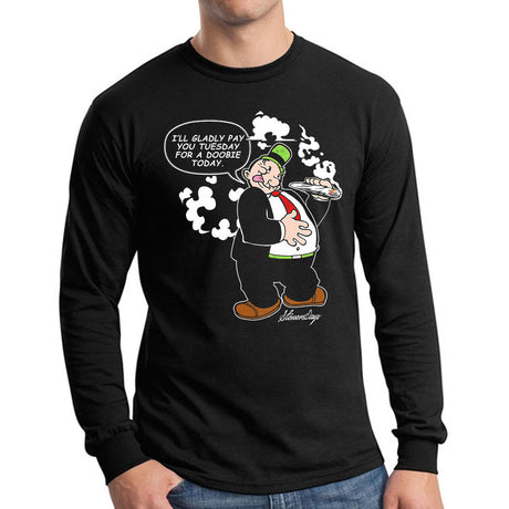 StonerDays Tuesday Long Sleeve in Black, Front View, Featuring Cartoon Character and Quote