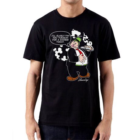 StonerDays Tuesday men's t-shirt featuring Sherlock design, front view on model, sizes S to 3XL
