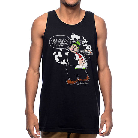 StonerDays Tuesday Tank in black, featuring a Sherlock design, front view on a male model
